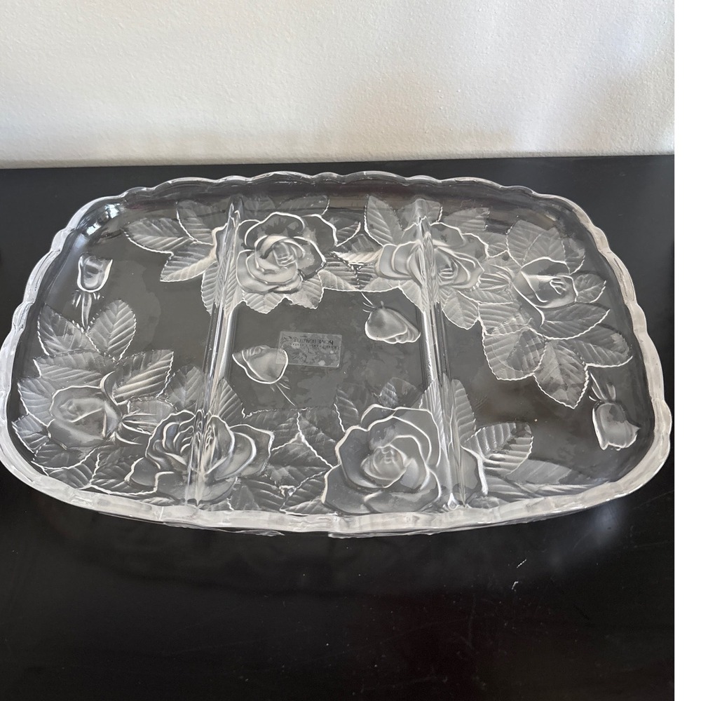 Home Beautiful Rose Pearls Crystal Divided Serving Tray Japan‎ Frosted Roses
